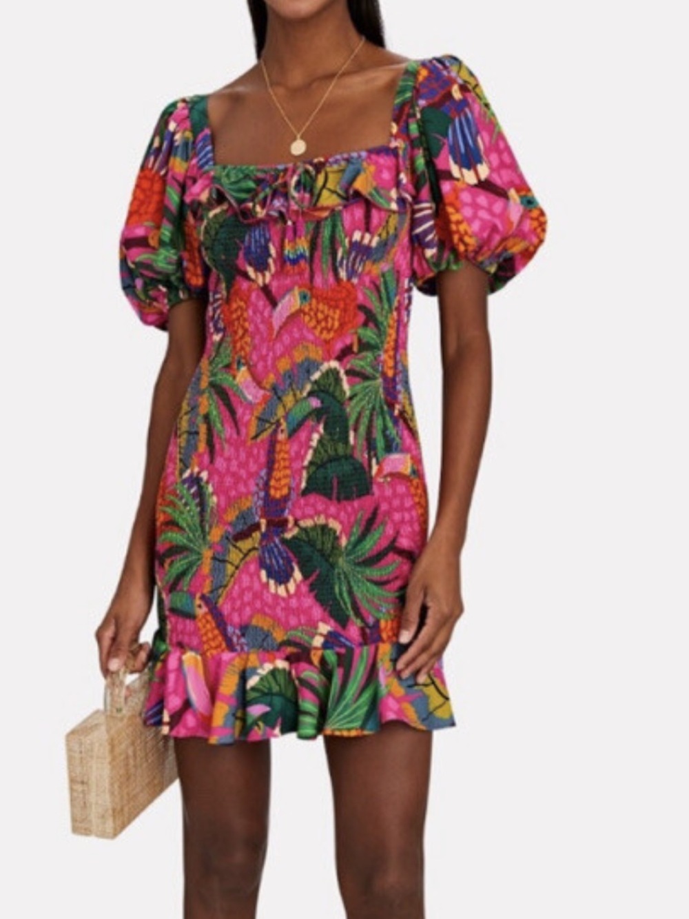FARM Rio Pink Tropical Toucan Print Puff-Sleeve Mini Dress